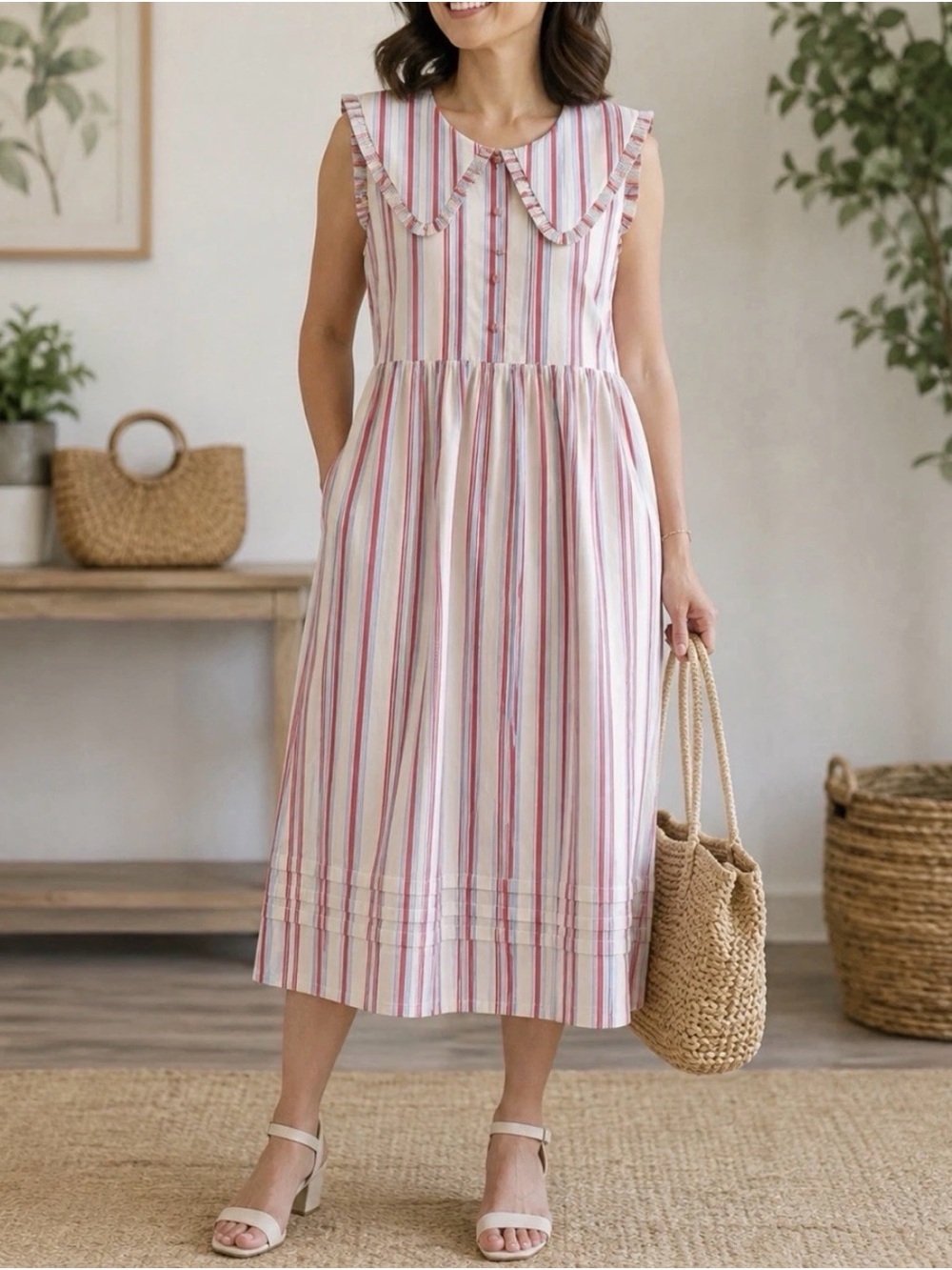 Caroline Constas Red and Blue Striped Midi Dress with Ruffle Pinafore Collar